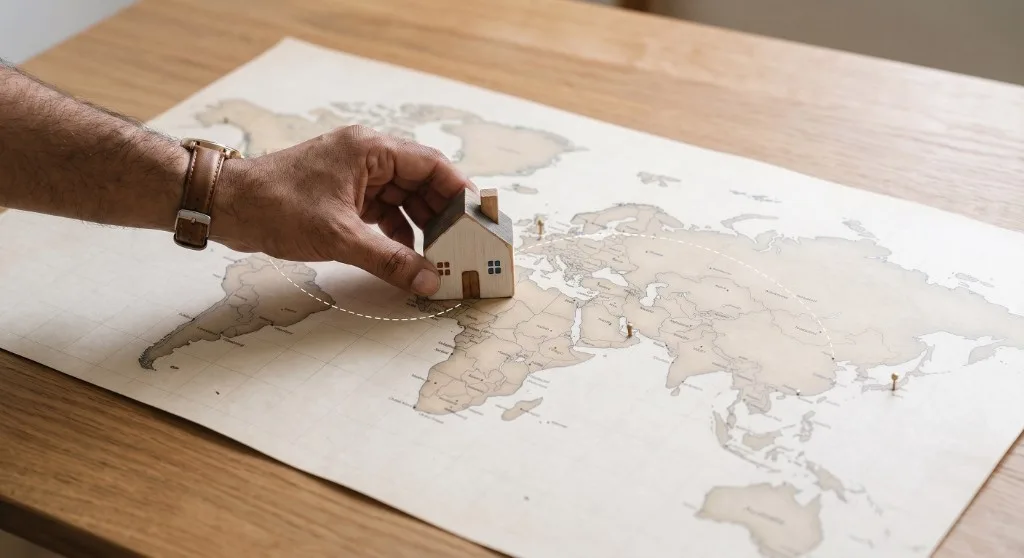 Hand placing a model house on a world map — global relocation partners